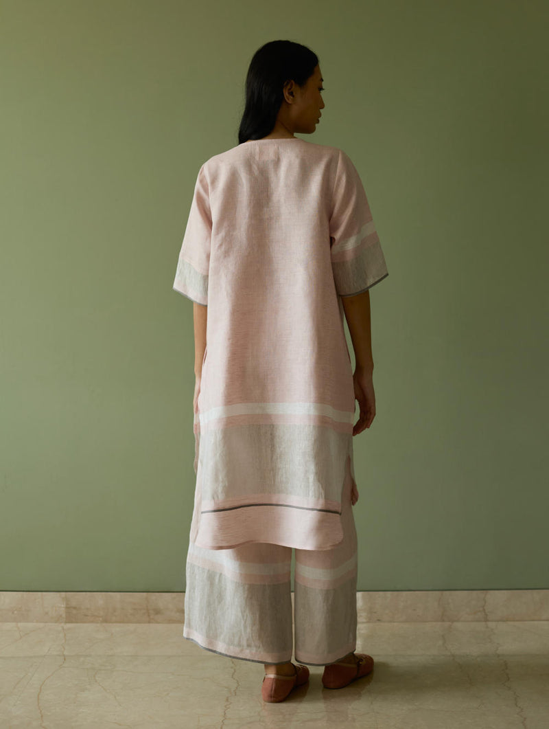 Iva Pleated Border Linen Kurta-Blush linen by Manan in blush color for women in Singapore