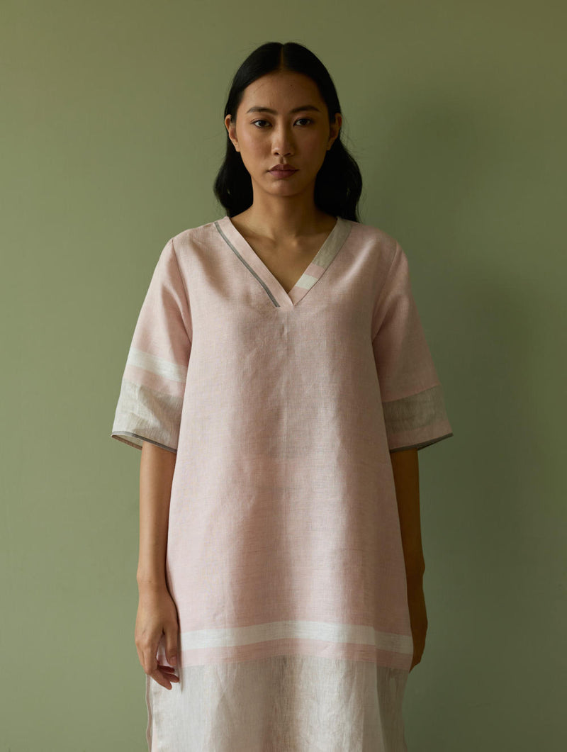 Iva Pleated Border Linen Kurta-Blush linen by Manan in blush color for women in Singapore
