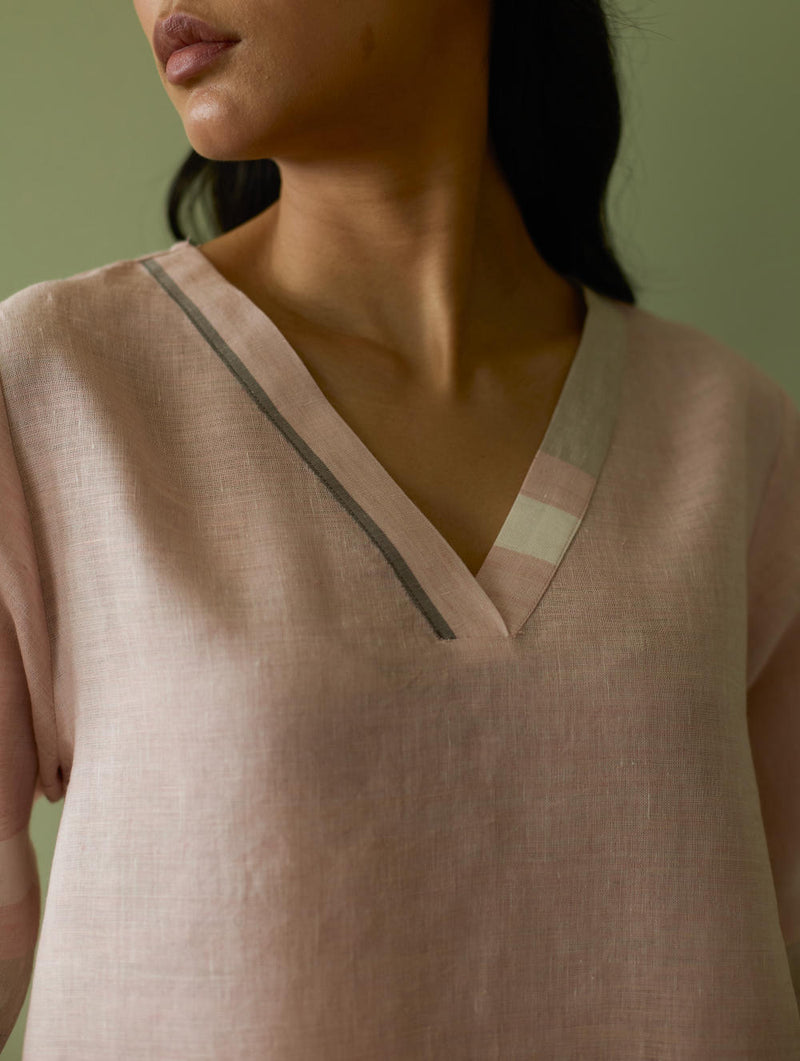 Iva Pleated Border Linen Kurta-Blush linen by Manan in blush color for women in Singapore