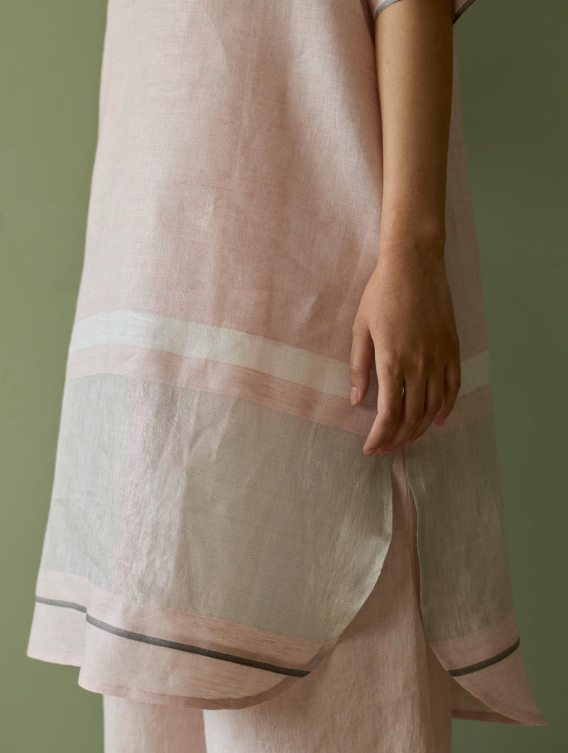 Iva Pleated Border Linen Kurta-Blush linen by Manan in blush color for women in Singapore