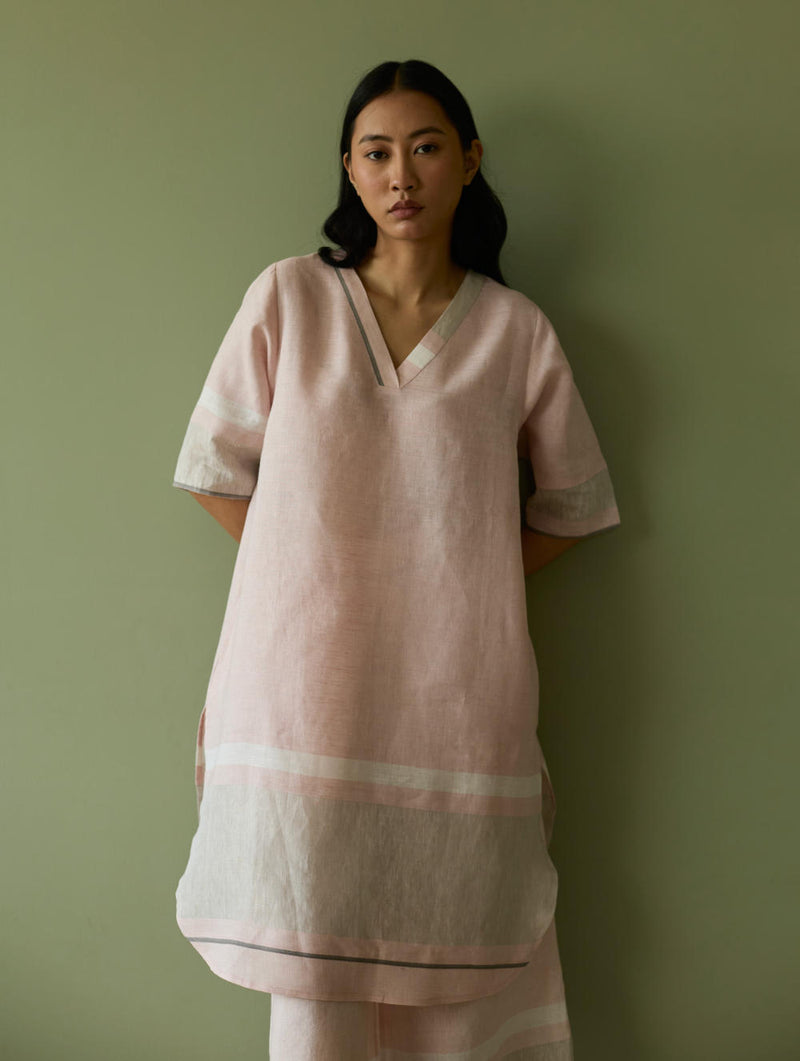 Iva Pleated Border Linen Kurta-Blush linen by Manan in blush color for women in Singapore
