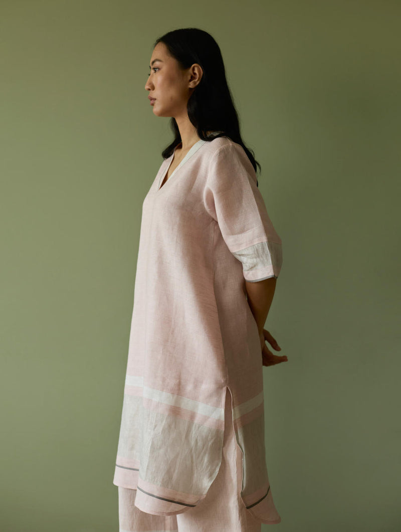 Iva Pleated Border Linen Kurta-Blush linen by Manan in blush color for women in Singapore