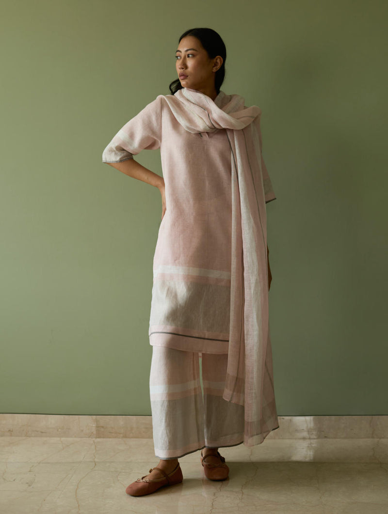 Iva Pleated Border Linen Kurta-Blush linen by Manan in blush color for women in Singapore