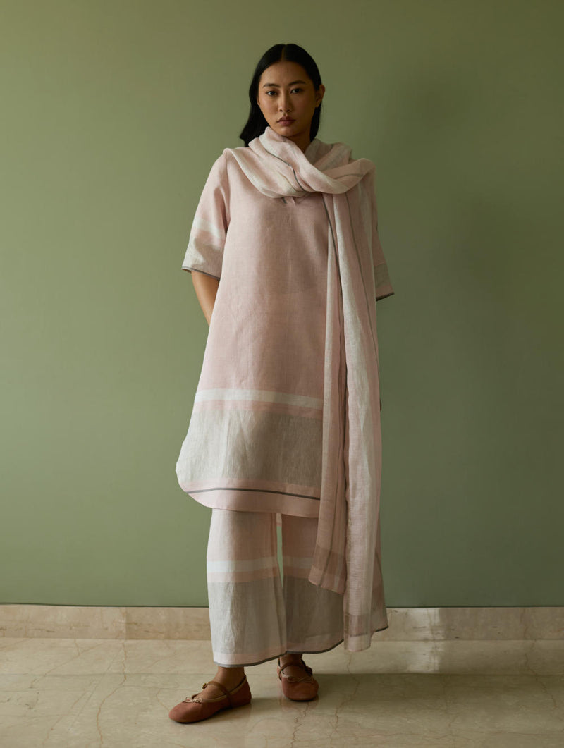 Iva Pleated Border Linen Kurta-Blush linen by Manan in blush color for women in Singapore