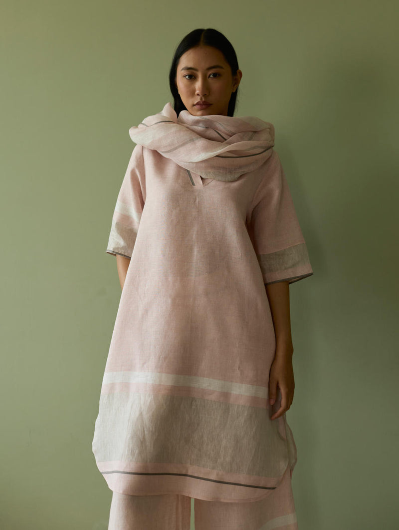Iva Pleated Border Linen Kurta-Blush linen by Manan in blush color for women in Singapore