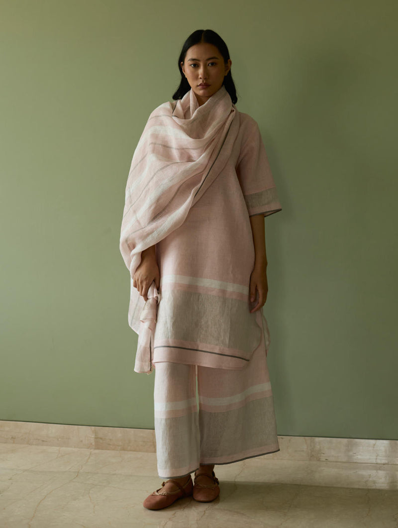 Iva Pleated Border Linen Kurta-Blush linen by Manan in blush color for women in Singapore