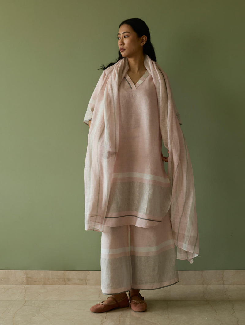 Iva Pleated Border Linen Kurta-Blush linen by Manan in blush color for women in Singapore