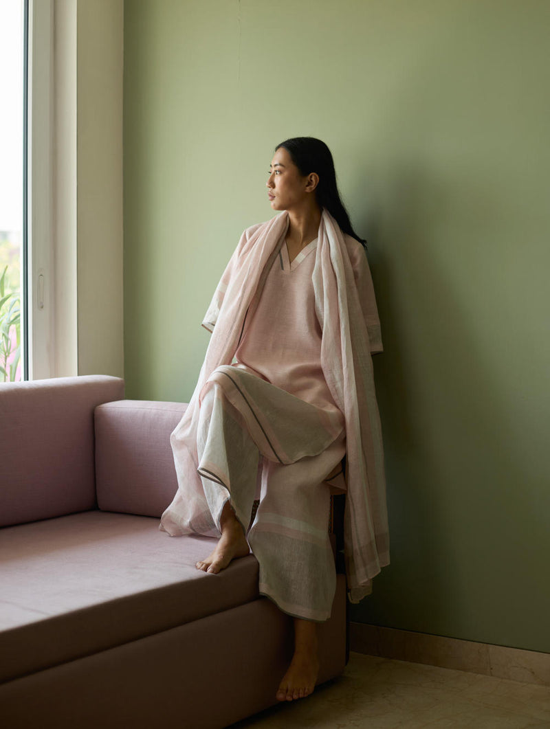 Iva Pleated Border Linen Kurta-Blush linen by Manan in blush color for women in Singapore