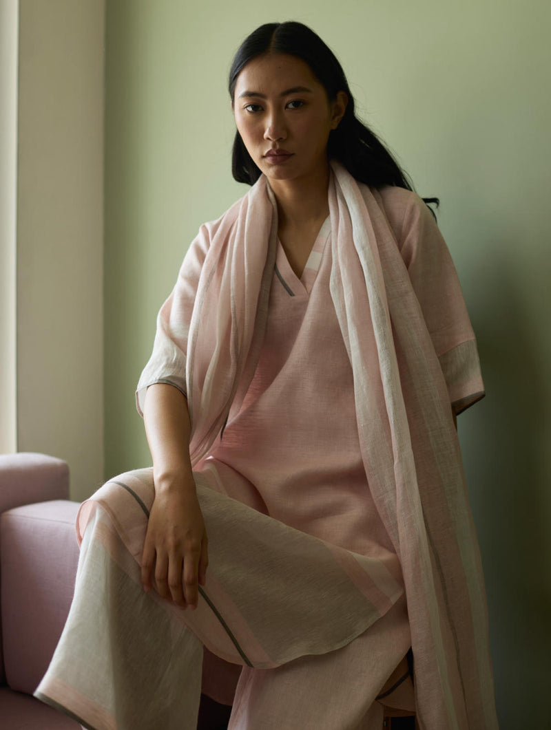 Iva Pleated Border Linen Kurta-Blush linen by Manan in blush color for women in Singapore