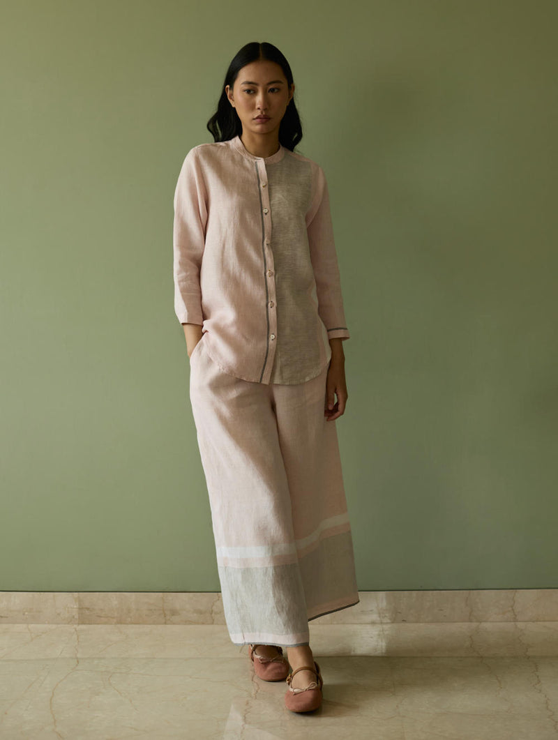 Iva Pleated Border Linen Kurta-Blush linen by Manan in blush color for women in Singapore