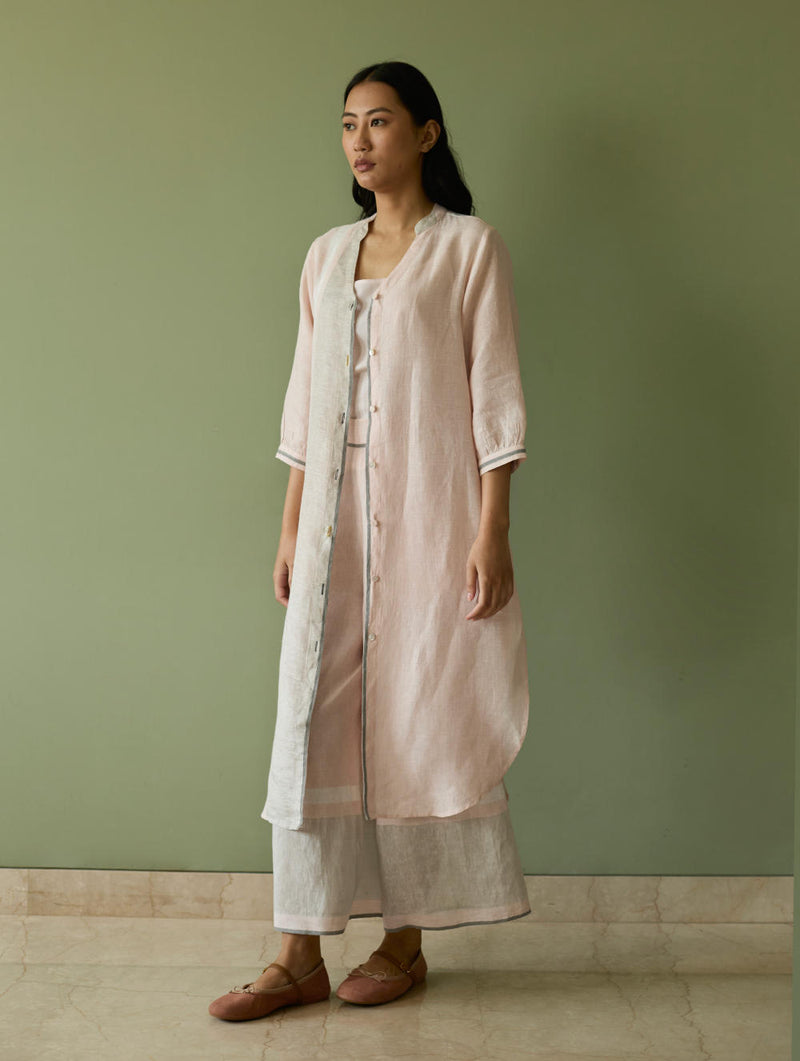 Mori Border Linen Shirt Kurta-Blush linen by Manan in blush color for women in Singapore