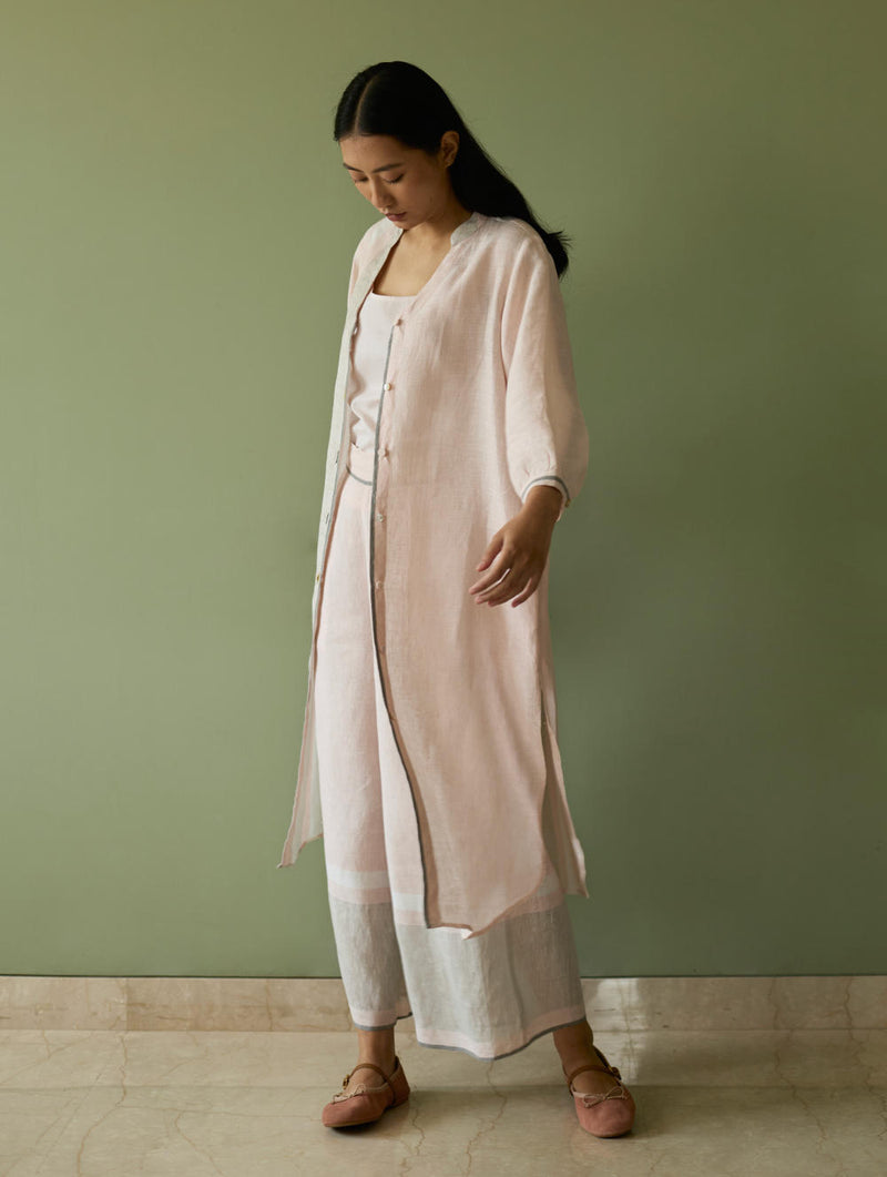 Mori Border Linen Shirt Kurta-Blush linen by Manan in blush color for women in Singapore