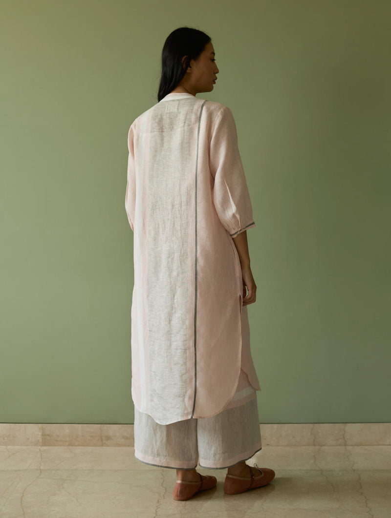 Mori Border Linen Shirt Kurta-Blush linen by Manan in blush color for women in Singapore