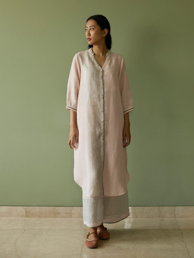 Mori Border Linen Shirt Kurta-Blush linen by Manan in blush color for women in Singapore