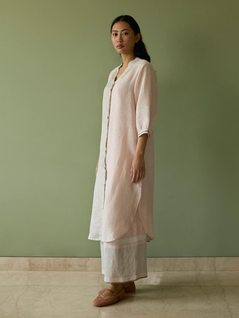 Mori Border Linen Shirt Kurta-Blush linen by Manan in blush color for women in Singapore