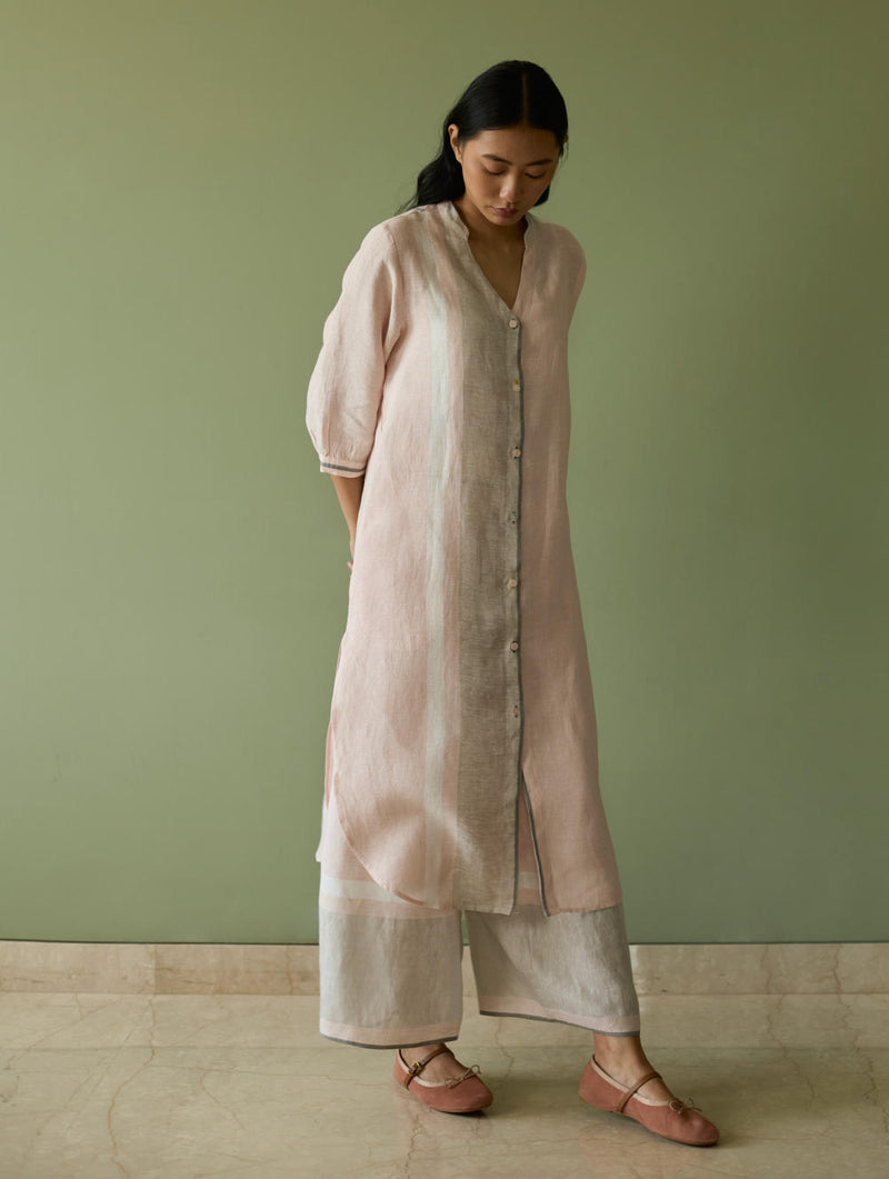 Mori Border Linen Shirt Kurta-Blush linen by Manan in blush color for women in Singapore