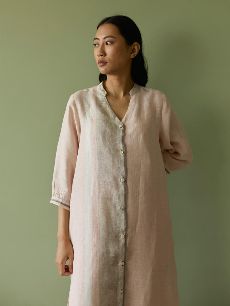 Mori Border Linen Shirt Kurta-Blush linen by Manan in blush color for women in Singapore