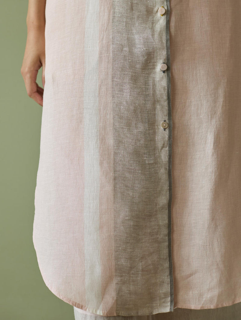 Mori Border Linen Shirt Kurta-Blush linen by Manan in blush color for women in Singapore