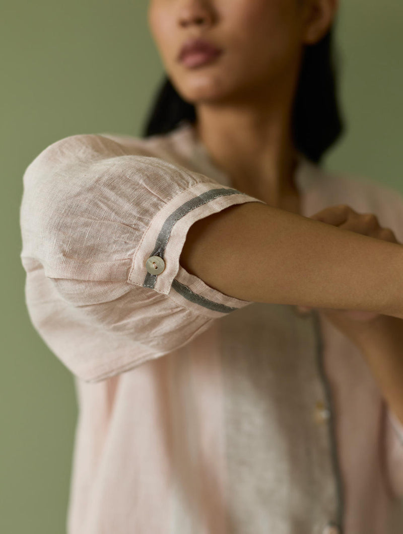 Mori Border Linen Shirt Kurta-Blush linen by Manan in blush color for women in Singapore