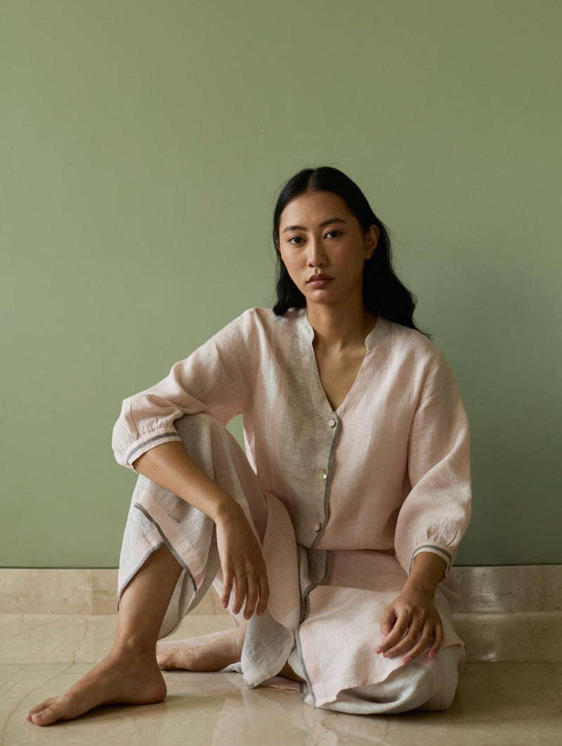 Mori Border Linen Shirt Kurta-Blush linen by Manan in blush color for women in Singapore
