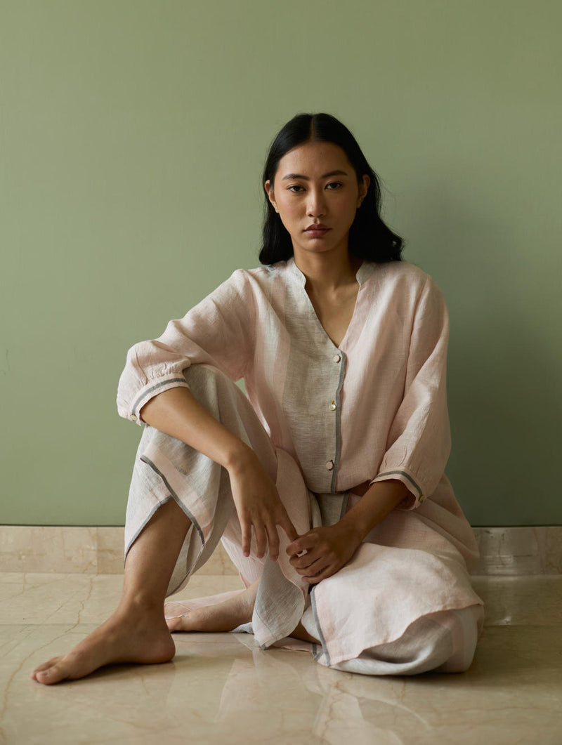 Mori Border Linen Shirt Kurta-Blush linen by Manan in blush color for women in Singapore