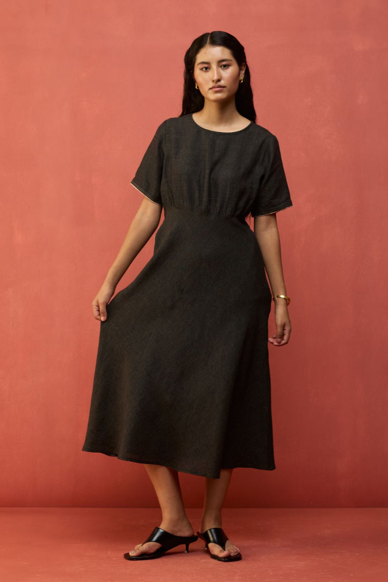 Fumi Bias Skirt Stripe Linen Dress - Charcoal linen by Manan in charcoal color for women in Singapore