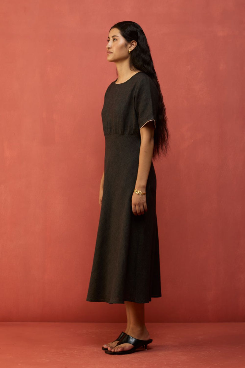 Fumi Bias Skirt Stripe Linen Dress - Charcoal linen by Manan in charcoal color for women in Singapore