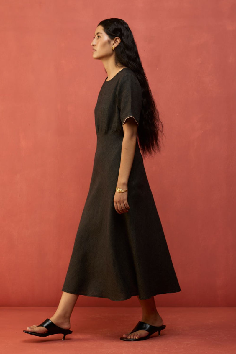 Fumi Bias Skirt Stripe Linen Dress - Charcoal linen by Manan in charcoal color for women in Singapore