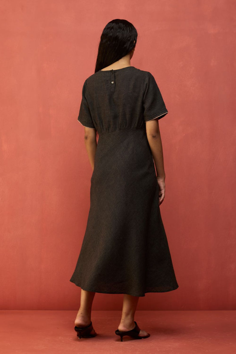 Fumi Bias Skirt Stripe Linen Dress - Charcoal linen by Manan in charcoal color for women in Singapore