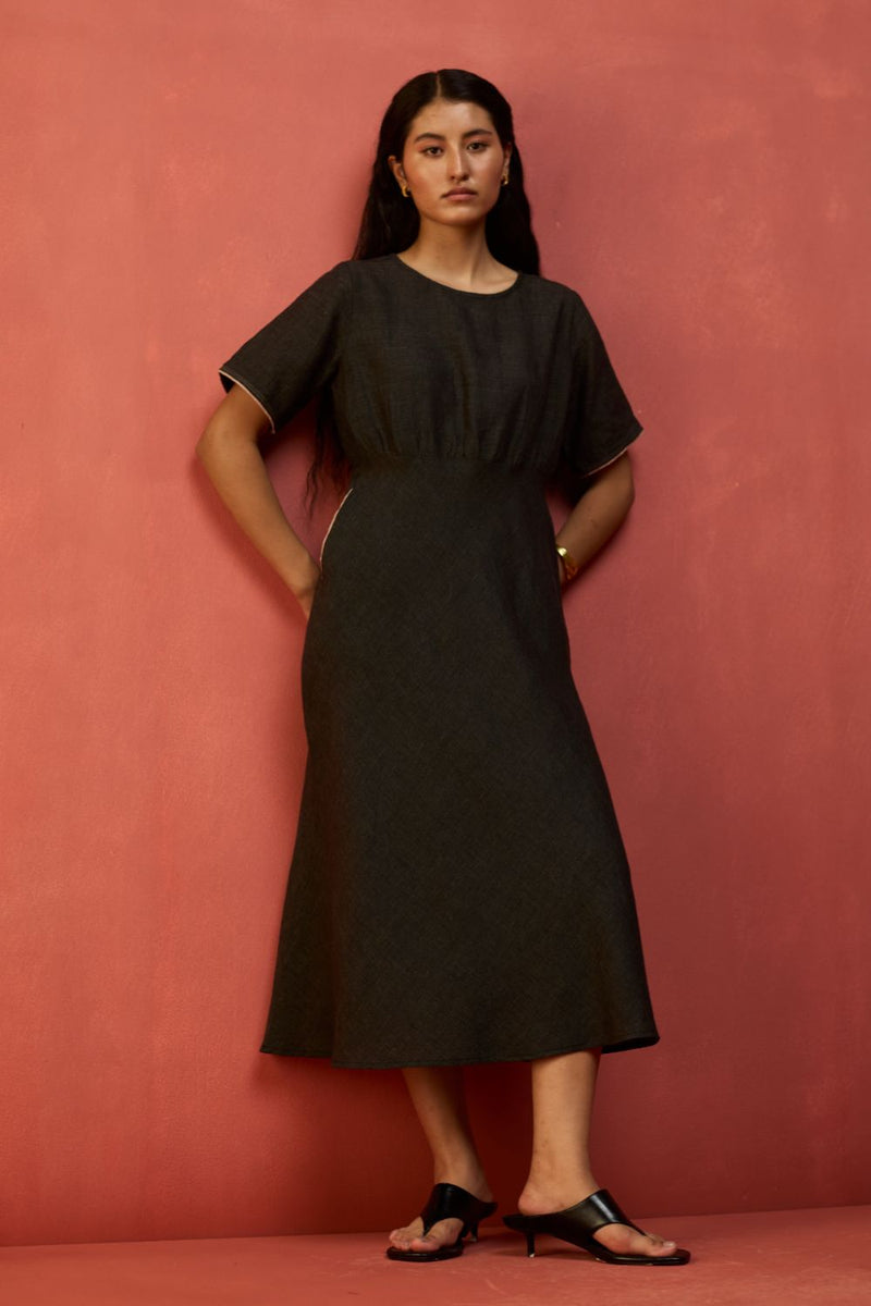 Fumi Bias Skirt Stripe Linen Dress - Charcoal linen by Manan in charcoal color for women in Singapore