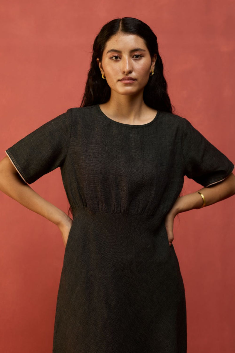 Fumi Bias Skirt Stripe Linen Dress - Charcoal linen by Manan in charcoal color for women in Singapore
