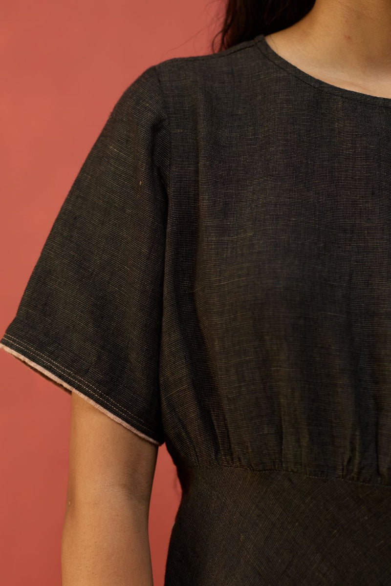 Fumi Bias Skirt Stripe Linen Dress - Charcoal linen by Manan in charcoal color for women in Singapore