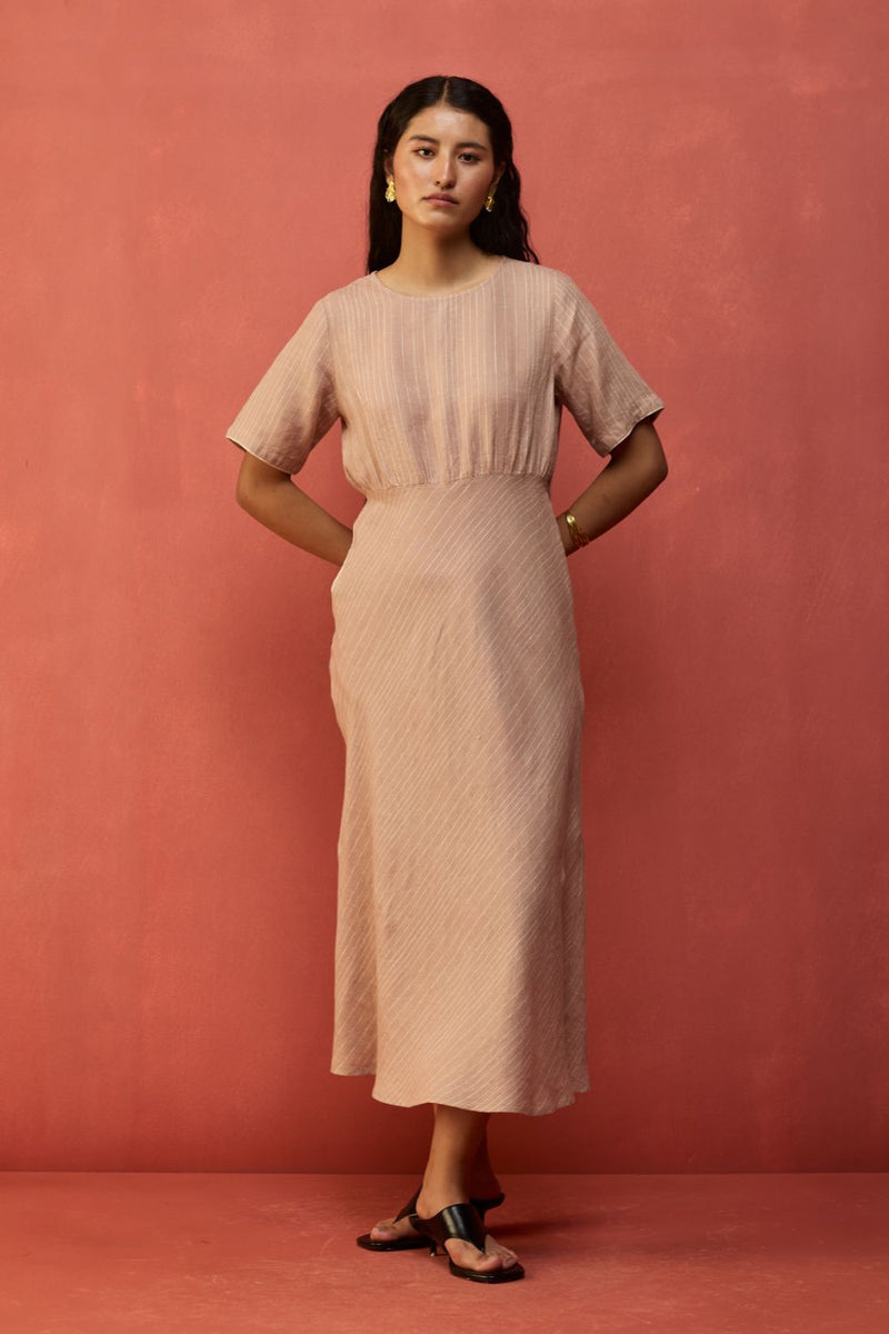 Fumi Bias Skirt Stripe Linen Dress - Dusty Rose linen by Manan in blush color for women in Singapore