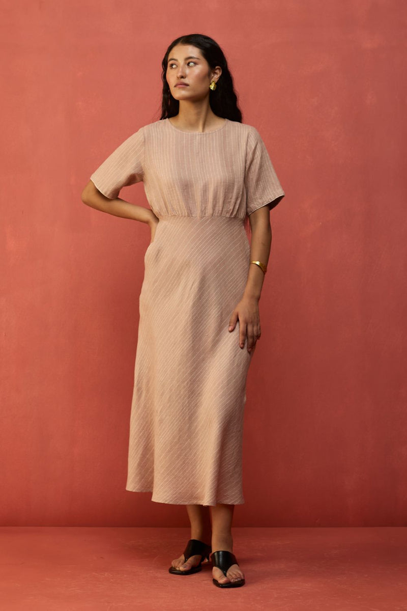 Fumi Bias Skirt Stripe Linen Dress - Dusty Rose linen by Manan in blush color for women in Singapore