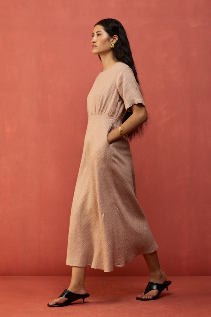 Fumi Bias Skirt Stripe Linen Dress - Dusty Rose linen by Manan in blush color for women in Singapore