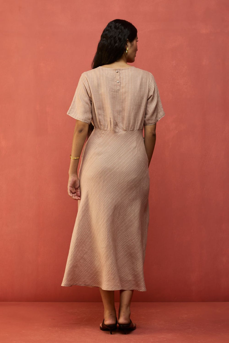Fumi Bias Skirt Stripe Linen Dress - Dusty Rose linen by Manan in blush color for women in Singapore