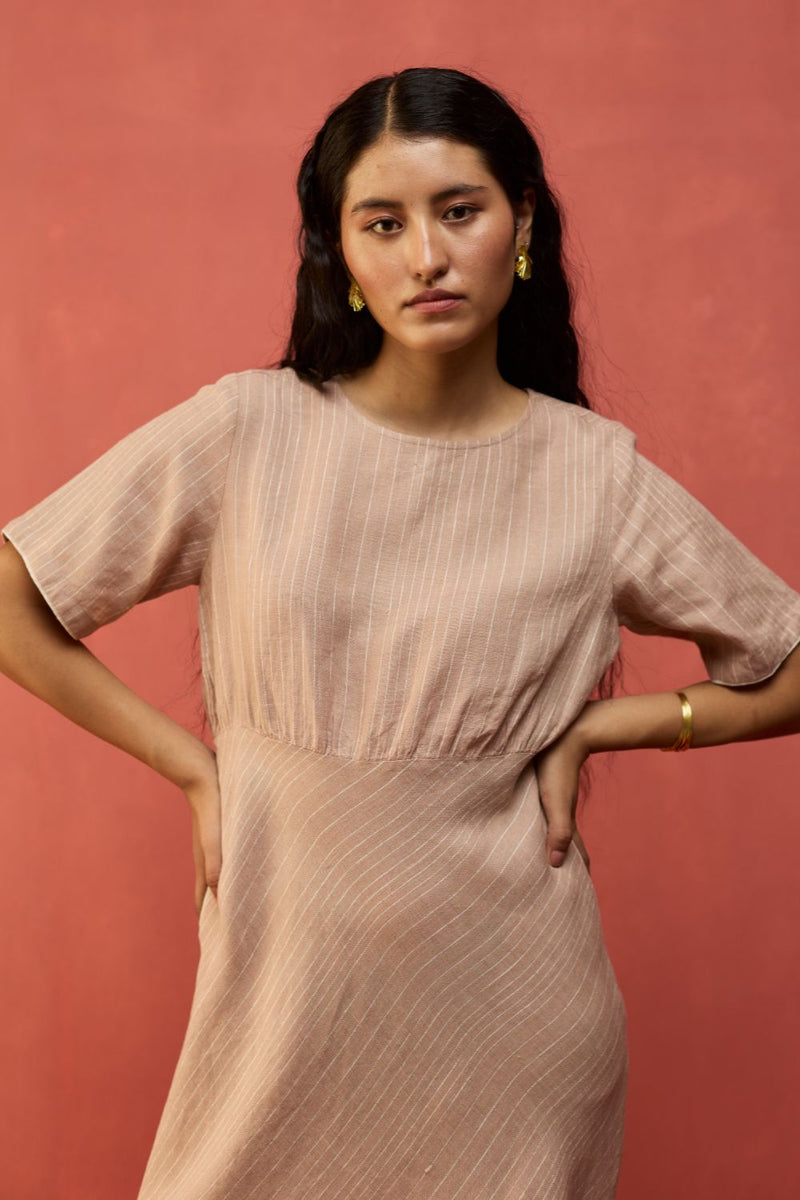 Fumi Bias Skirt Stripe Linen Dress - Dusty Rose linen by Manan in blush color for women in Singapore