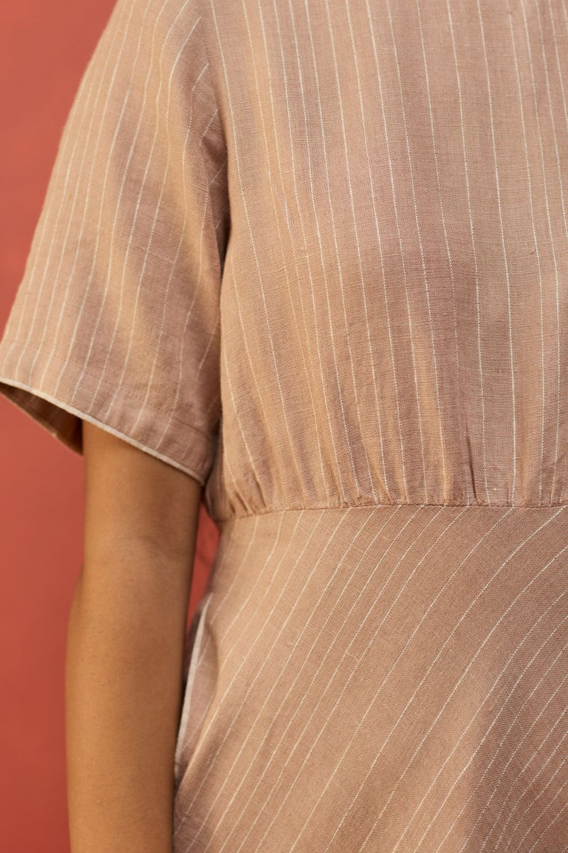 Fumi Bias Skirt Stripe Linen Dress - Dusty Rose linen by Manan in blush color for women in Singapore