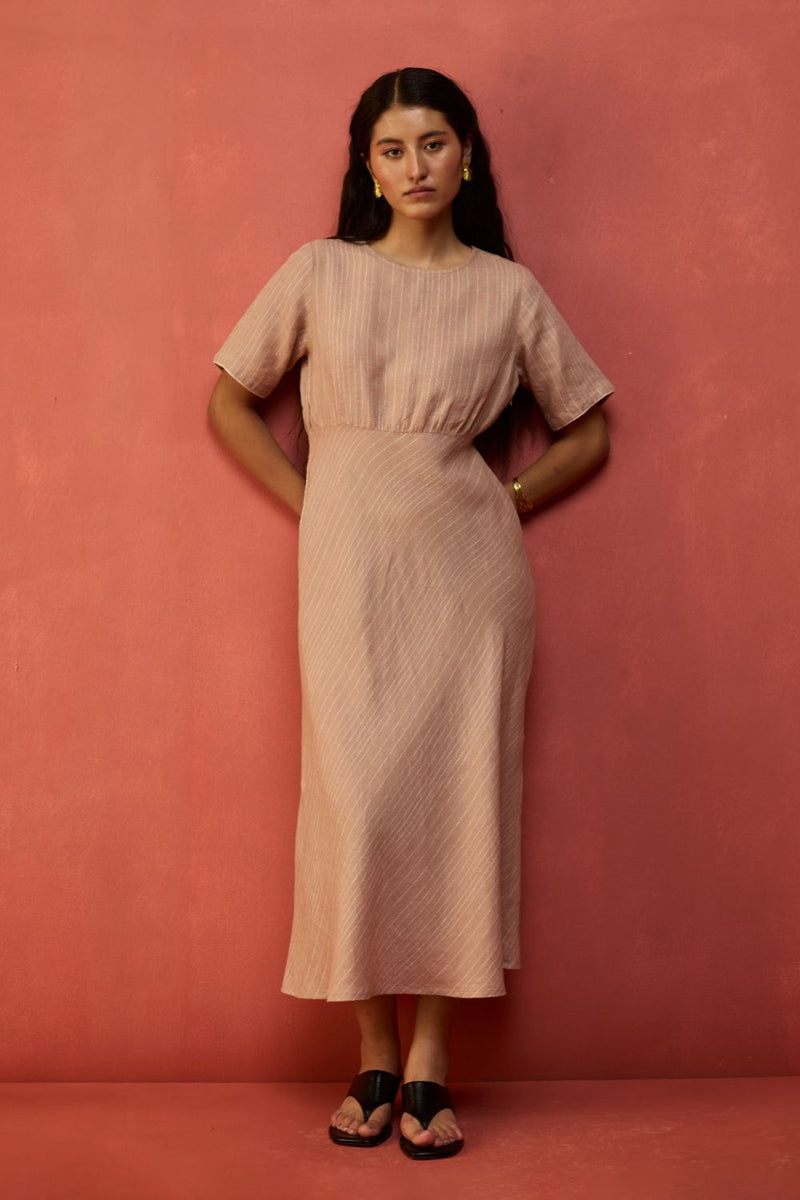 Fumi Bias Skirt Stripe Linen Dress - Dusty Rose linen by Manan in blush color for women in Singapore