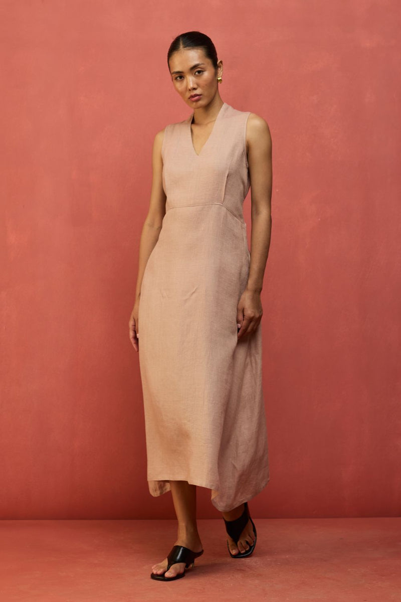 Tako Sleeveless Linen Knot Dress - Dusty Rose linen by Manan in blush color for women in Singapore