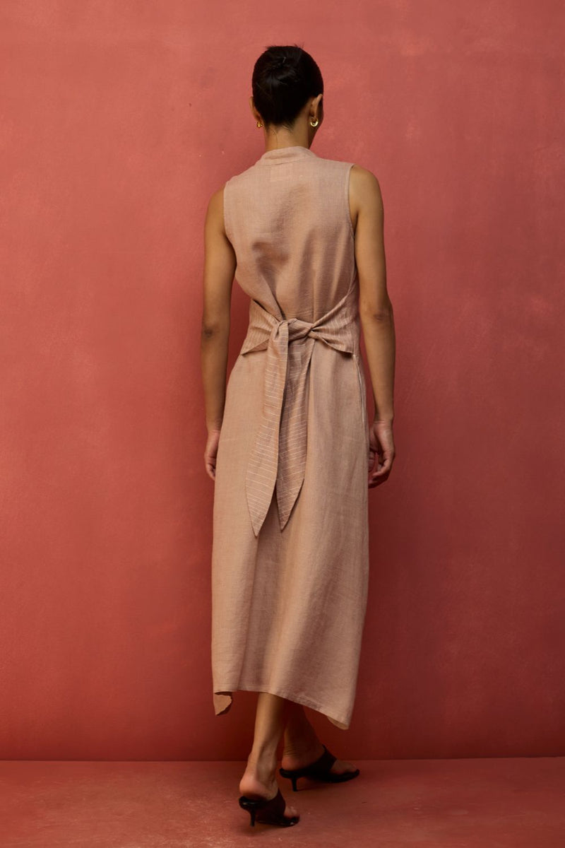 Tako Sleeveless Linen Knot Dress - Dusty Rose linen by Manan in blush color for women in Singapore