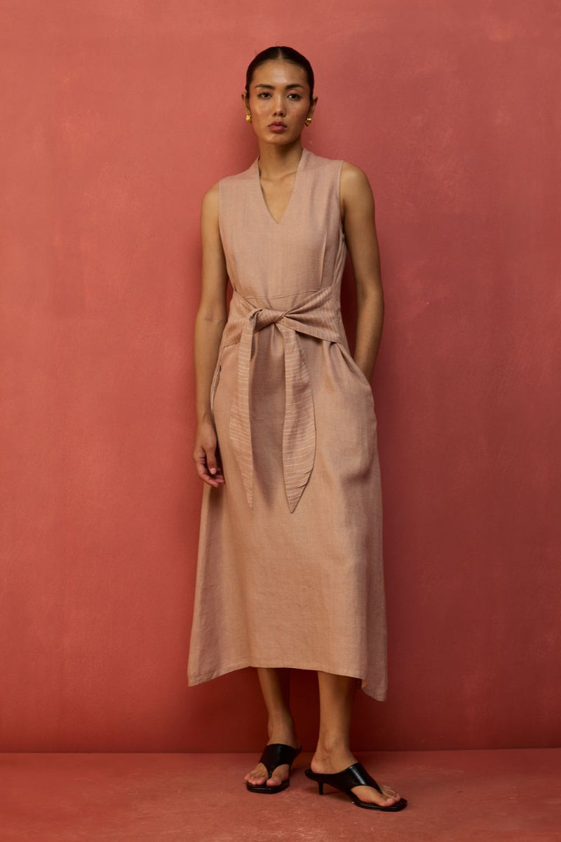 Tako Sleeveless Linen Knot Dress - Dusty Rose linen by Manan in blush color for women in Singapore