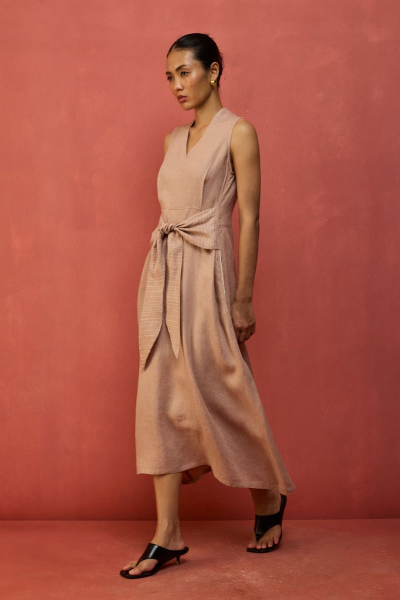Tako Sleeveless Linen Knot Dress - Dusty Rose linen by Manan in blush color for women in Singapore