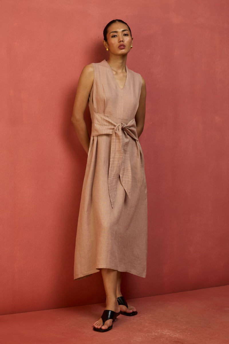 Tako Sleeveless Linen Knot Dress - Dusty Rose linen by Manan in blush color for women in Singapore