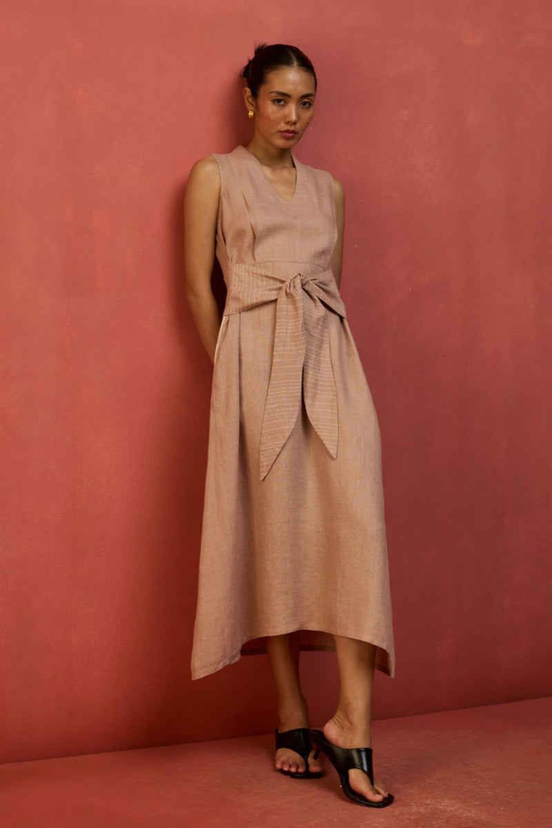 Tako Sleeveless Linen Knot Dress - Dusty Rose linen by Manan in blush color for women in Singapore