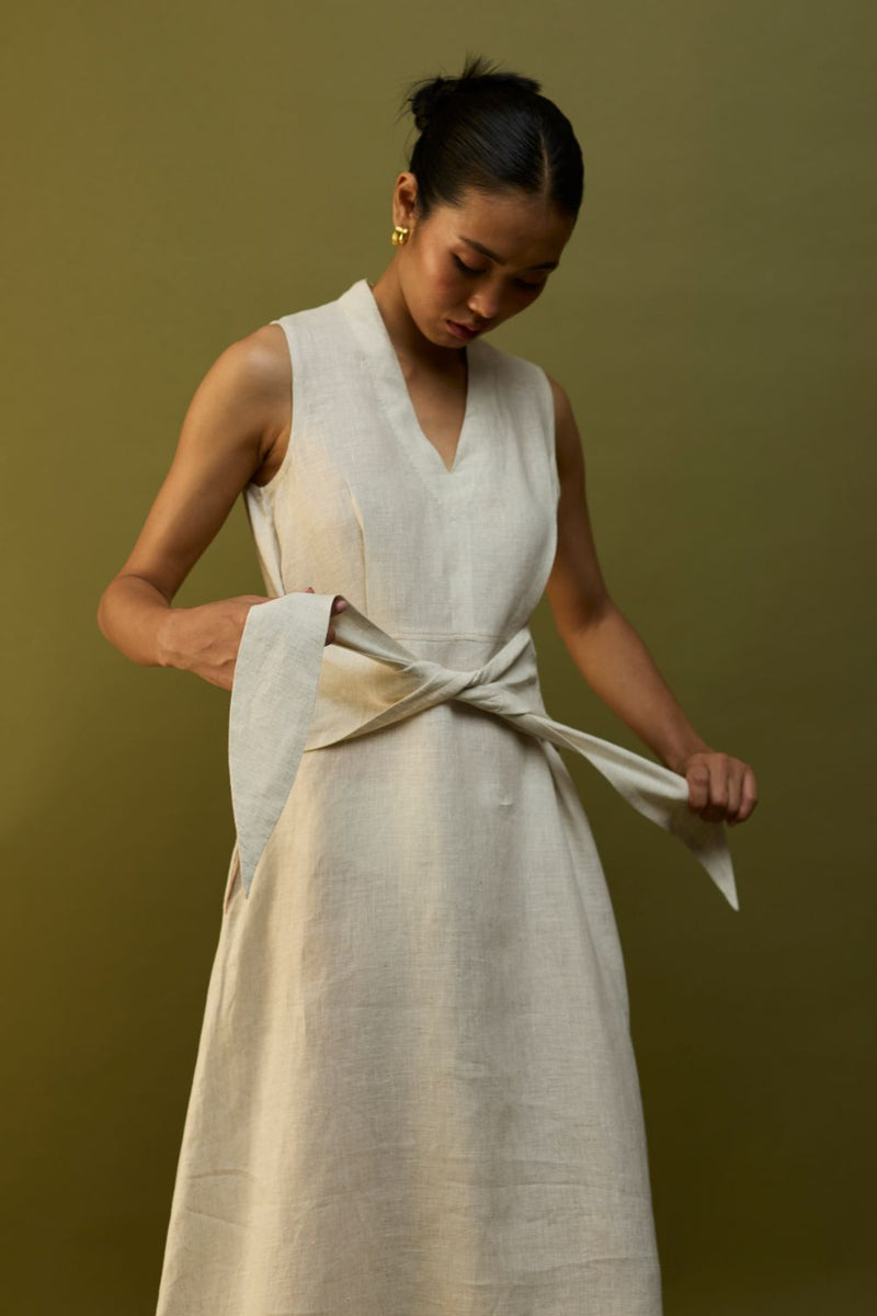 Tako Sleeveless Linen Knot Dress - Off White linen by Manan in ivory color for women in Singapore