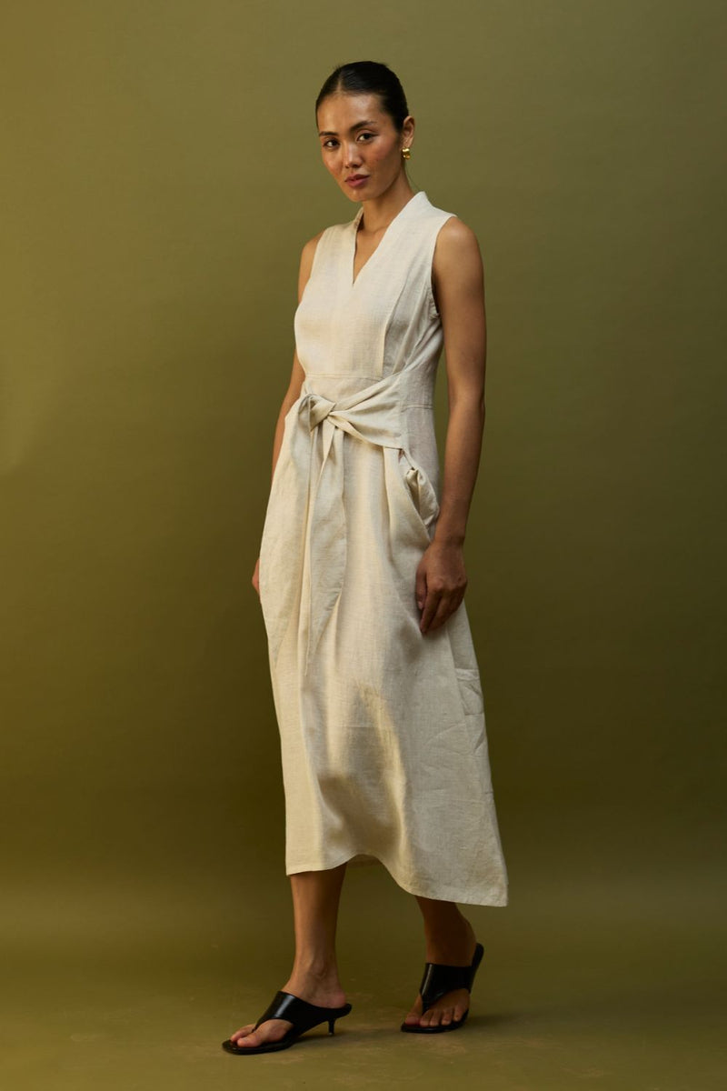 Tako Sleeveless Linen Knot Dress - Off White linen by Manan in ivory color for women in Singapore