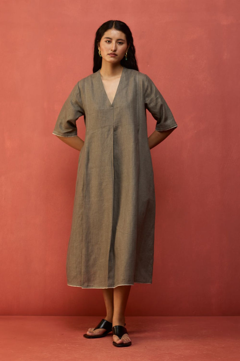 Maki Pleated Linen Dress - Grey linen by Manan in grey color for women in Singapore