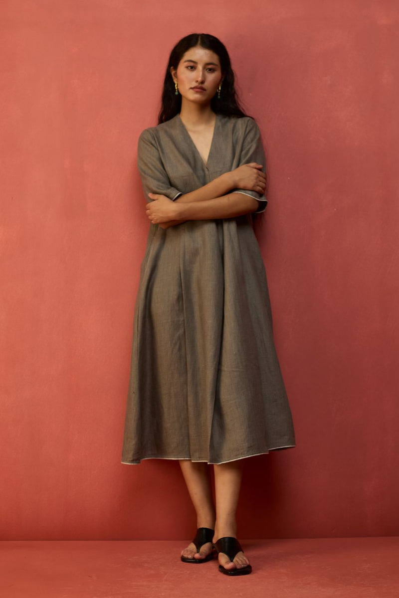 Maki Pleated Linen Dress - Grey linen by Manan in grey color for women in Singapore