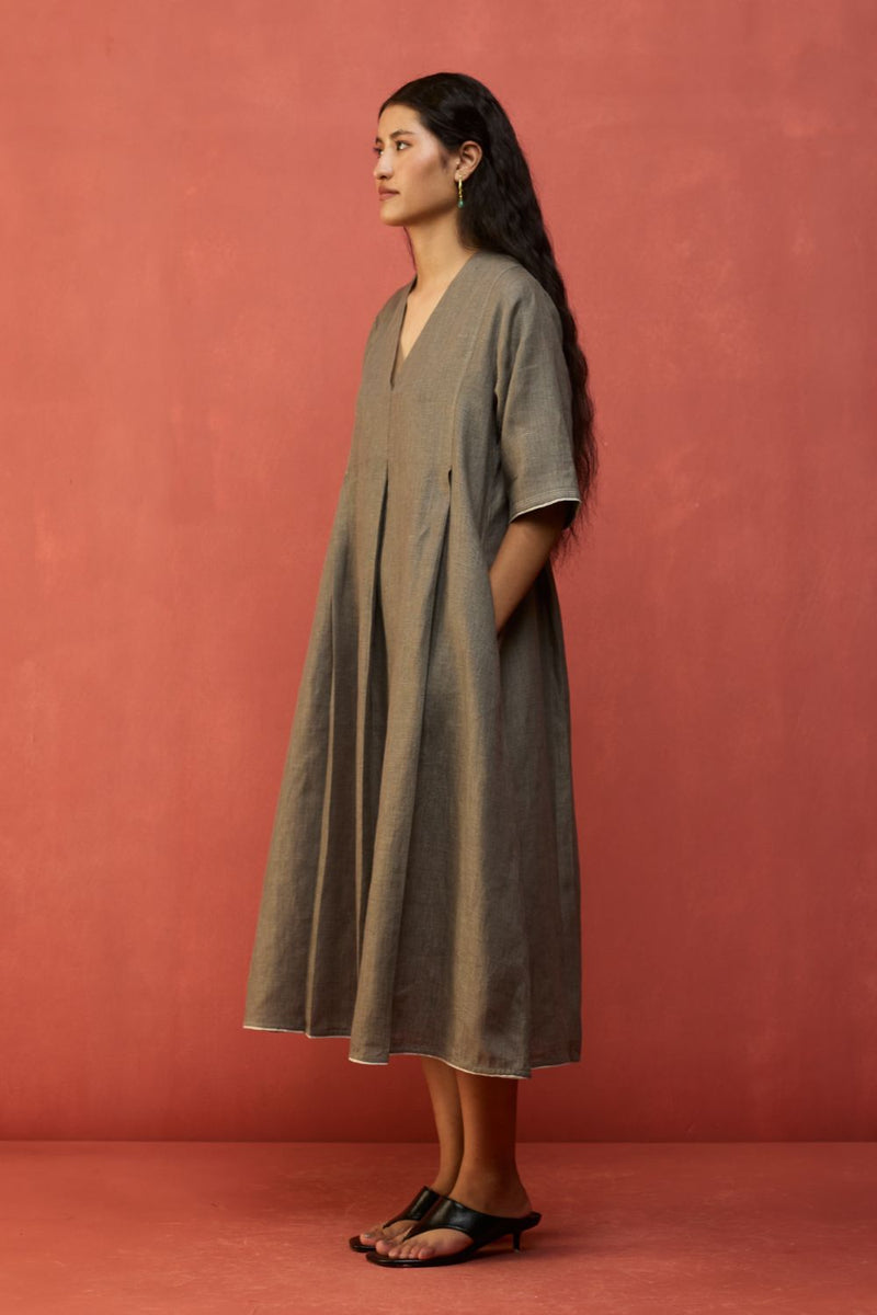 Maki Pleated Linen Dress - Grey linen by Manan in grey color for women in Singapore